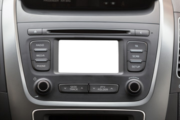 Closeup of car display on dashboard, white blank screen