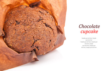 Chocolate cupcake isolated on white, food photo