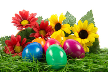 easter eggs in busket on green gras isolated