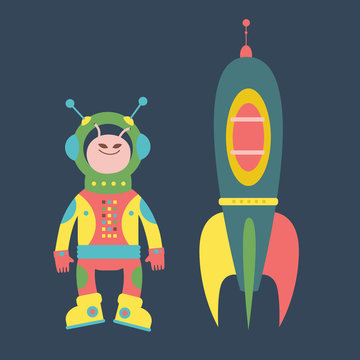 Friendly alien and rocket illustration