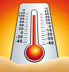 Naklejka premium Heatwave. High temperature. Thermometer in the sand.