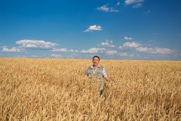 Naklejka na ściany i meble Happy smiling caucasian old farmer standing in wheat fields