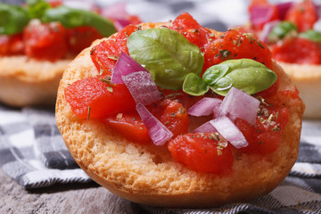 Italian bruschetta with tomato, onion and basil close-up