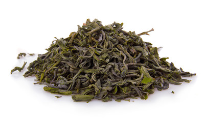 Heap of dry green tea isolated on white