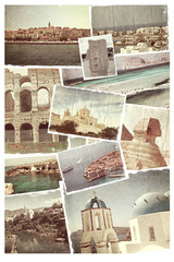Vintage travel background with old photo.