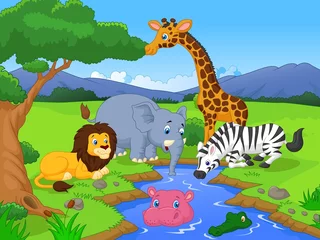 Fototapete Rund Savannah scenery with animals and waterhole © tigatelu