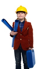 Little boy with plans and toolbox playing engineer role