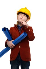 Little boy with plans and toolbox playing engineer role