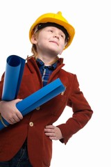 Little boy with plans and toolbox playing engineer role