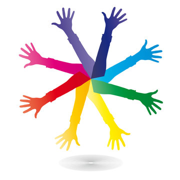 Bunte Hände im Kreis - Arme, die zupacken und eine Gemeinschaft bilden, Toleranz, Integration, Inklusion, Hilfe und gegenseitige Unterstützung, Logo, vektor, isoliert