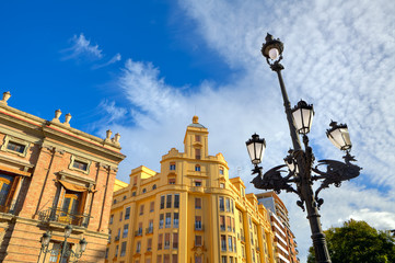 Lamppost and typical buildings in Valencia, Spain.