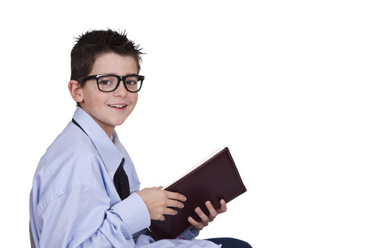 young man in business clothes reading the book