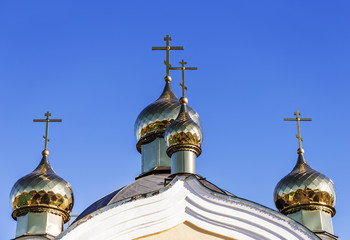 Fototapeta na wymiar Golden domes and crosses Christian Orthodox Cathedral. Odessa, U