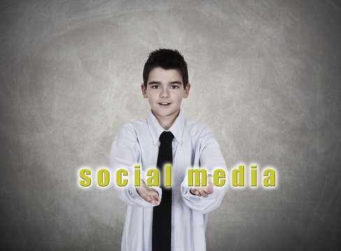 young man in business clothes with social media message