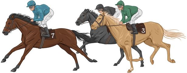 Three jockeys on their racehorses - obrazy, fototapety, plakaty