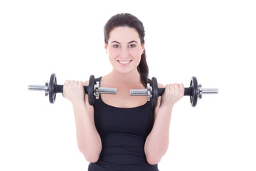 young attractive woman with dumbbells isolated on white