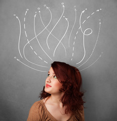 Young woman with arrows coming out of her head