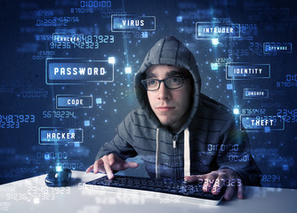 Hacker programing in technology enviroment with cyber icons