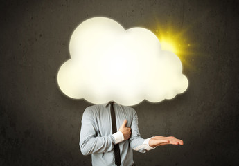 Young business man in shirt and tie with a sunny cloud head