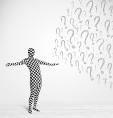 3d human character is body suit looking at hand drawn question m