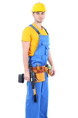 Male builder in yellow helmet isolated on white