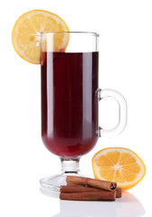 Mulled wine with lemon and spices isolated on white