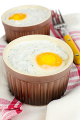 Baked eggs close up