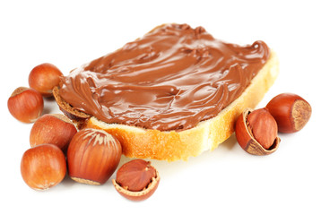 Bread with sweet chocolate hazelnut spread isolated on white