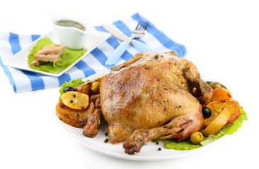 Composition with Whole roasted chicken with vegetables, color