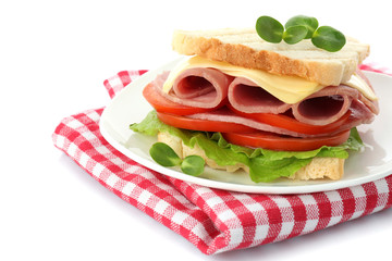 Tasty sandwich with ham, isolated on white