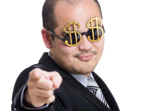 Rich businessman wear dollar sign glasses pointing to you Stock Photo |  Adobe Stock