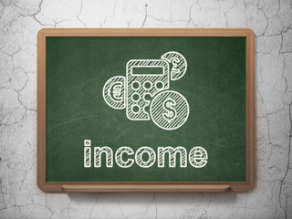 Business concept: Calculator and Income on chalkboard background