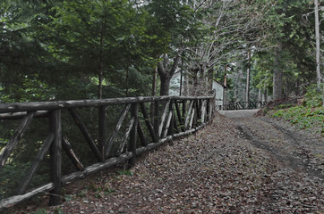 Mountain wood fence of stake in Borovetz resort, Rila, Bulgaria