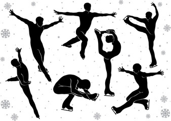 Men in figure skating vector silhouettes in motion on  ice - obrazy, fototapety, plakaty