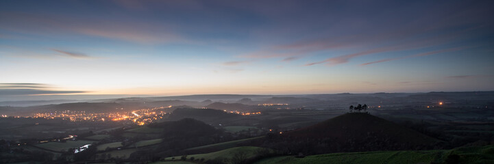 Panorama misty countryside landscape vibrant dawn sunrise