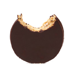 Bitten biscuit sandwich with chocolate.