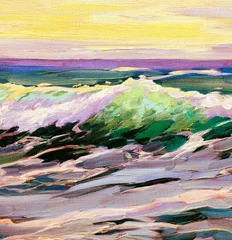 Fotobehang Goud Geel sea landscape with wave, painting by oil on canvas, illustration  © Mikhail Zahranichny