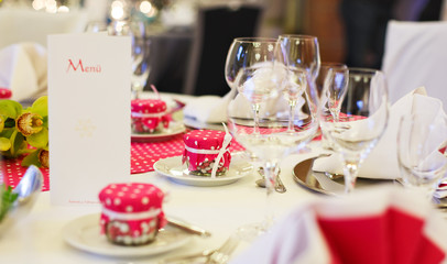 Elegant table set  for wedding or event party in pink with dots.