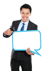 smiling young business man with balloon text