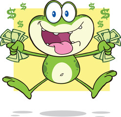 Crazy Green Frog Cartoon Mascot Character Jumping With Cash