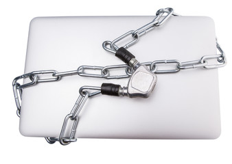 Laptop and chains over white background for PC security
