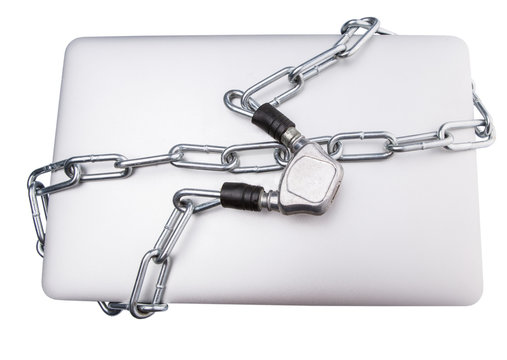 Laptop and chains over white background for PC security
