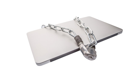 Laptop and chains over white background for PC security