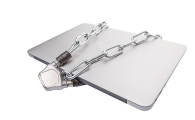 Laptop and chains over white background for PC security