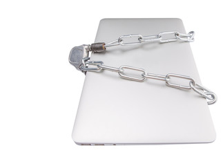 Laptop and chains over white background for PC security