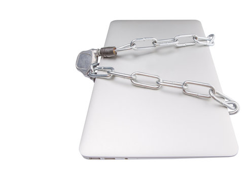 Laptop and chains over white background for PC security