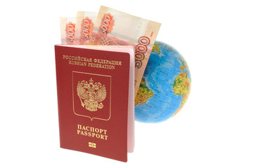 Globe and Russian international passport with money isolated on