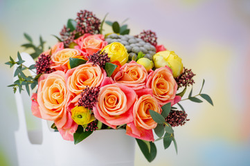 Closeup of delicate flower bouquet in the bucket