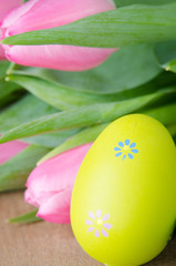 grünes Osterei vor rosa Tulpen