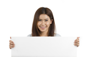 Fototapeta premium Portrait of Asian woman White Blank Sign